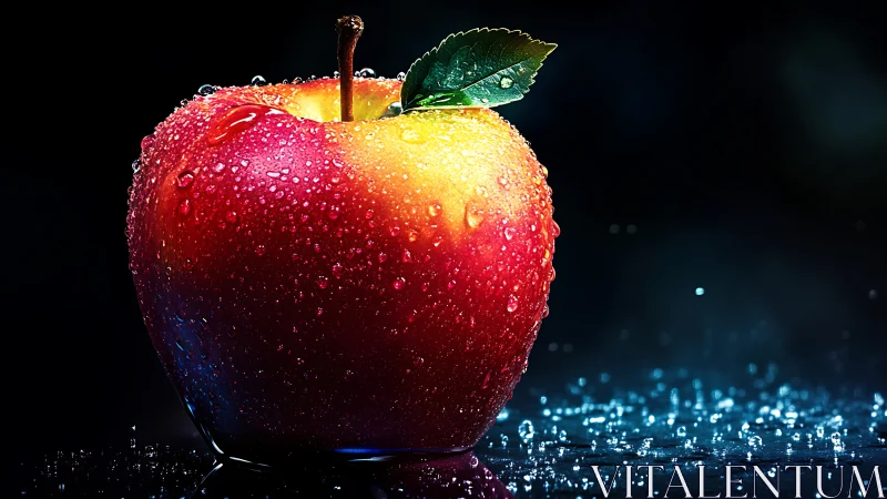Red and yellow apple with water droplets on dark surface.