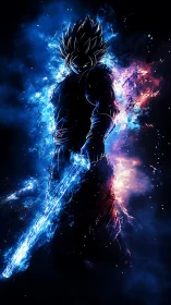 Energy-infused anime warrior silhouette with plasma blade.