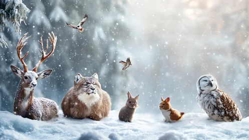 Snowbound forest council quietly convenes in glittering hush