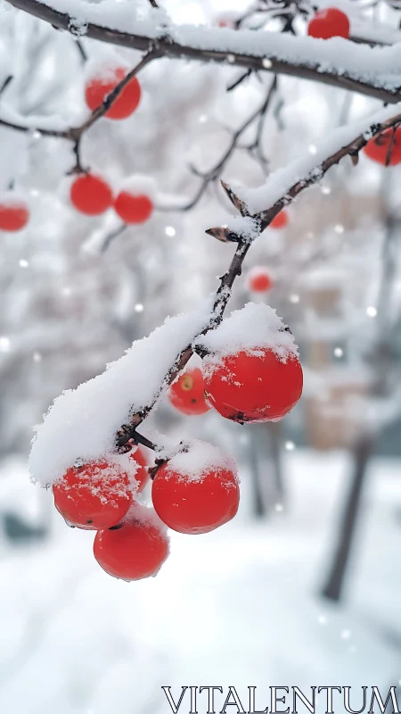 Snow-dusted scarlet berries glowing in a soft winter hush.