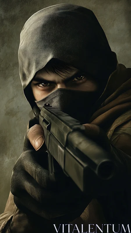 Hooded vigilante locking a cold steel gaze downrange.