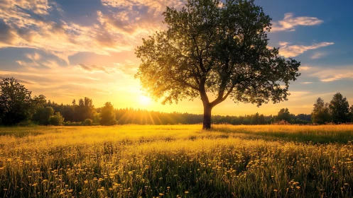 Solitary tree over golden meadow under radiant sunset sky.
