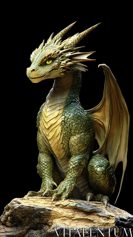 Green dragon statue sits on rock against plain black background