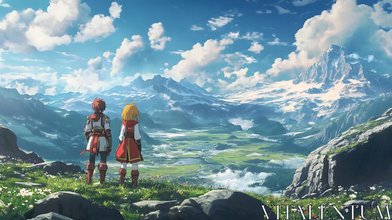 Anime duo surveying high-altitude glacial valley panorama.