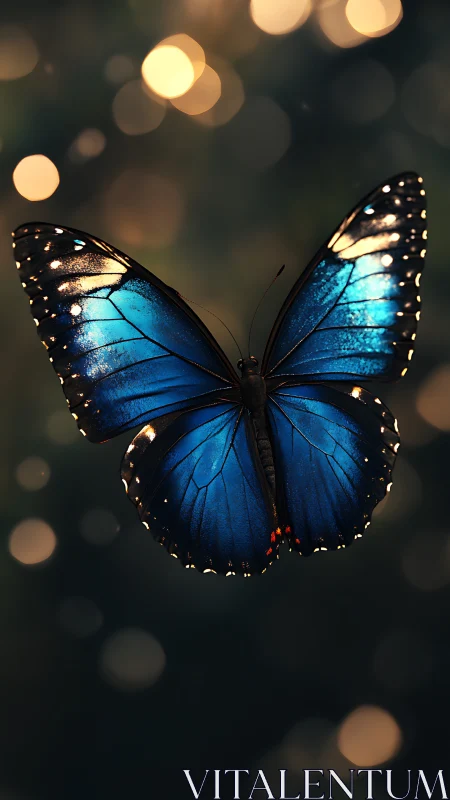 Deep blue butterfly quietly floats in soft golden evening light