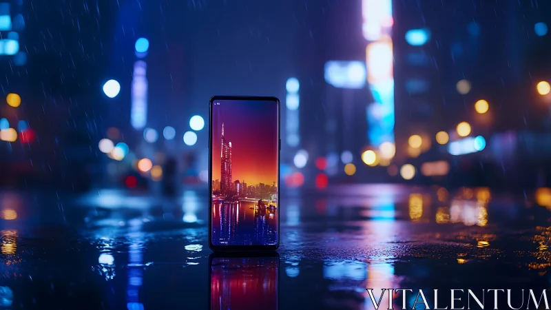 Smartphone reflects neon city skyline on wet night street