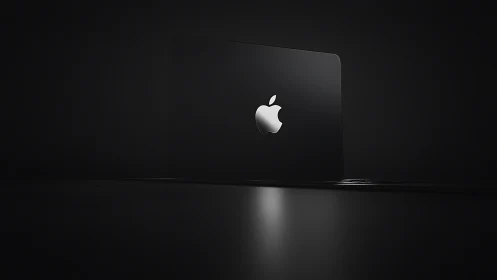 Minimalist laptop silhouette with glowing logo in dark studio.