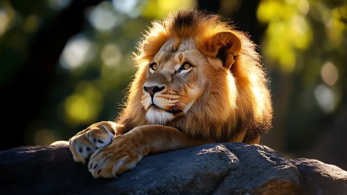 Golden-maned lion rests on rock in soft forest light.