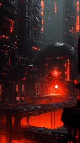 Vertical industrial interior shows illuminated red core system