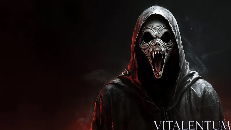 Hooded skeletal creature with fanged mouth on dark background.
