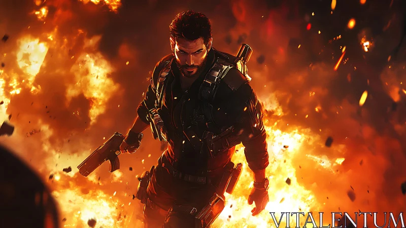 Armed Operative Surrounded by Inferno Explosions