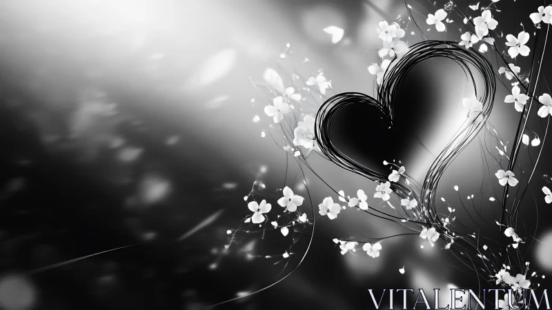 Heart Shape Rendered in Flowing Line Art with White Floral Accents