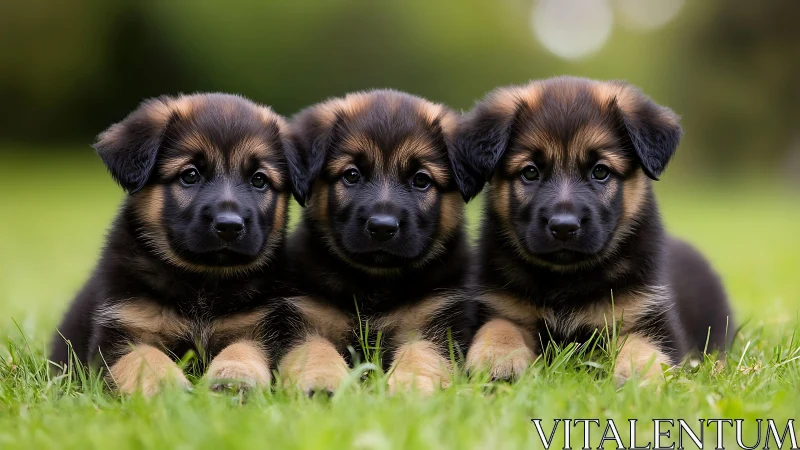 Tri-symmetric German shepherd puppies in shallow-depth focus.