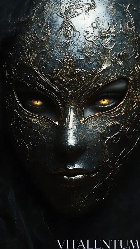 Enigmatic obsidian mask with glowing golden eyes gazing.
