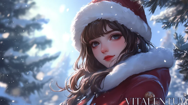 Snowy holiday girl smiles softly in a peaceful winter forest