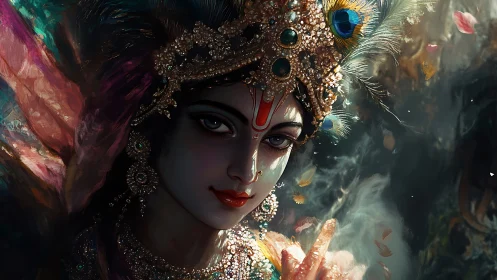 Ornate divine figure with jeweled crown and peacock feather.