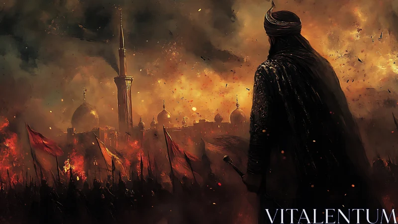 Backlit warlord surveys burning domed city under ember‑filled sky