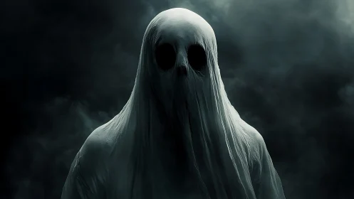 Spectral shrouded figure rendered in high-contrast digital chiaroscuro