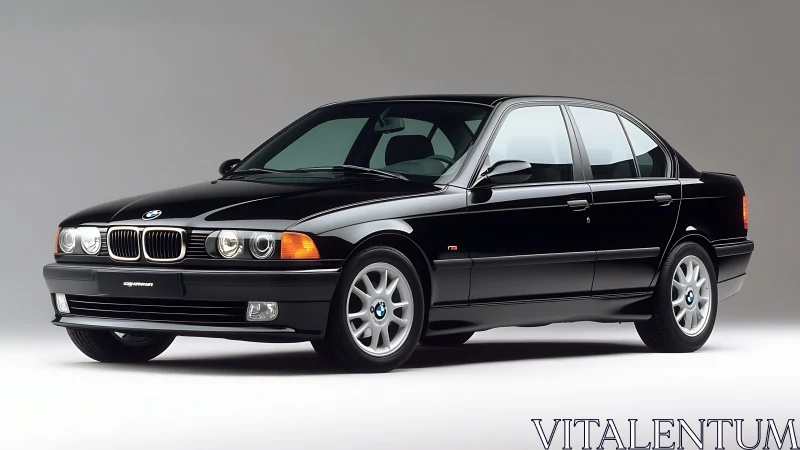 Black four-door sedan is positioned in controlled studio lighting