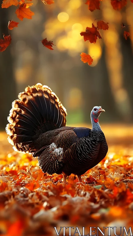 Wild turkey standing in bright autumn forest scene.