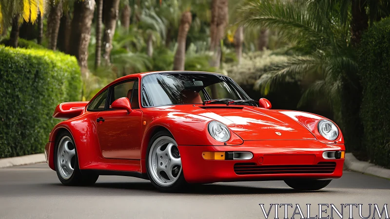Red sports coupe under soft daylight amid lush palms.