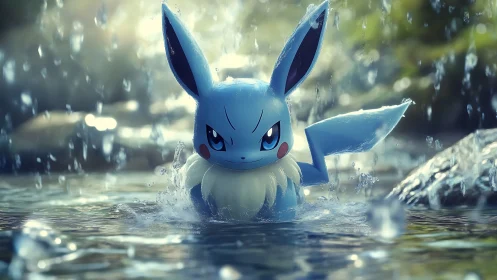 Hydrodynamic blue creature under rainfall in shallow stream.