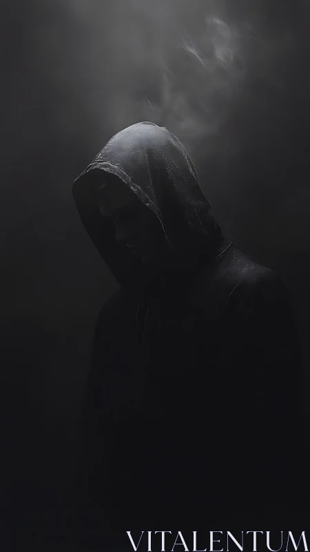 Smoke curls above the hooded silhouette haunting the dark