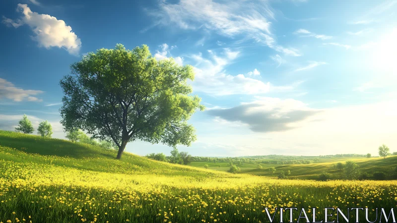 Solitary spring tree over sunlit meadow of wild blooms.