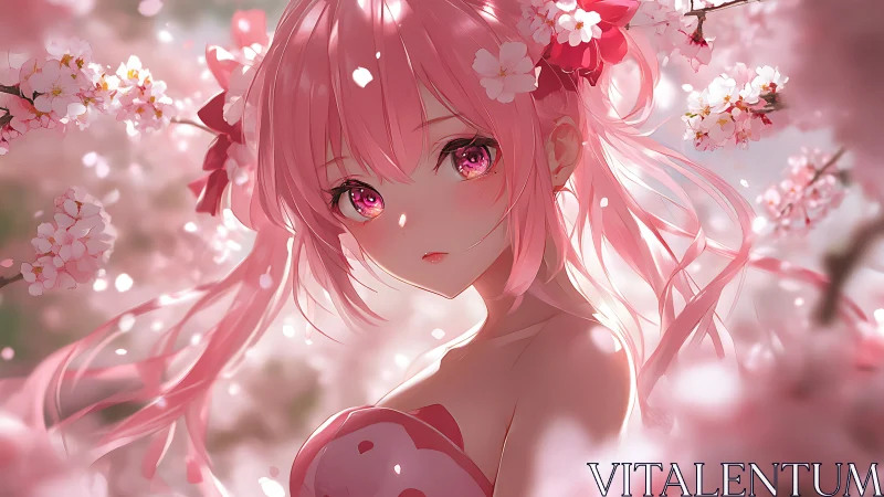 Pink haired anime girl stands in dreamy cherry blossoms