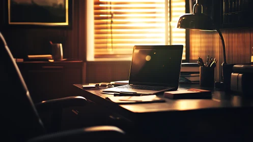 Warm sunset light floods minimalist wooden home office