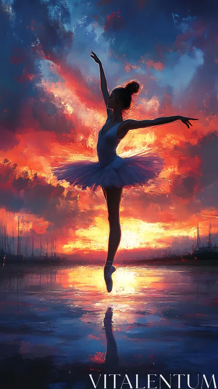 Ballerina silhouette pirouettes through a stormlit sunset sky.