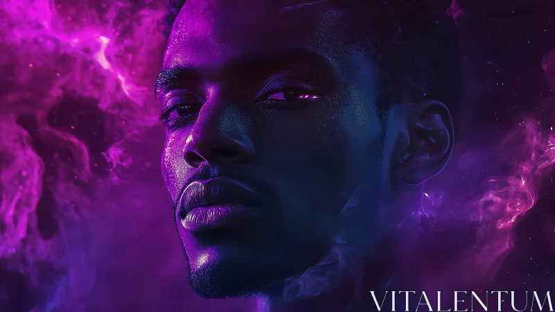 Neon-lit male portrait emerges through magenta cosmic vapor