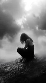 Solitary woman crouches on wet rock under storm clouds