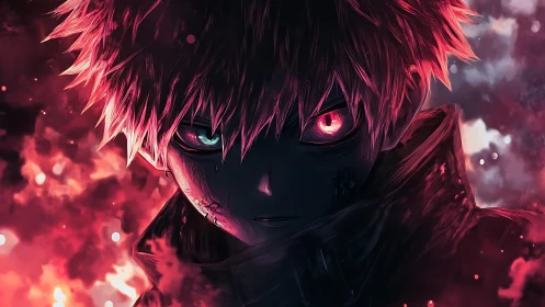 Red lit anime character portrait with glowing eyes at night.