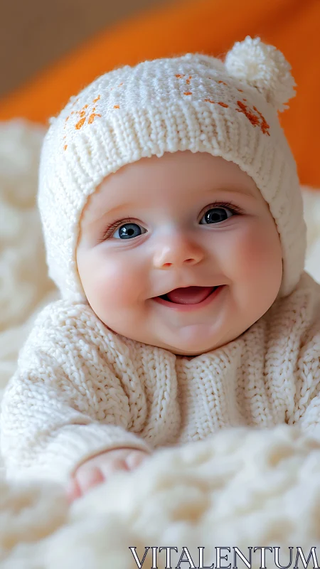 Infant wearing knit cap and sweater against orange background