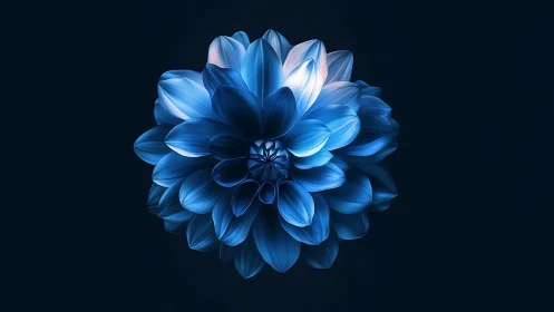 Blue Dahlia Bloom Against Dark. Luminous Petals.
