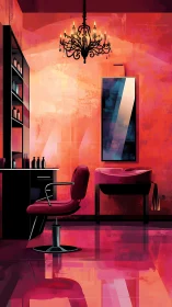 Warm salon chair waits under a glowing chandelier’s charm