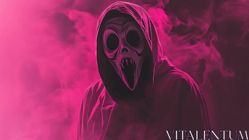 Pink hooded specter with fanged mask in swirling neon haze.