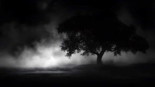Solitary tree stands against backlit ground fog at night
