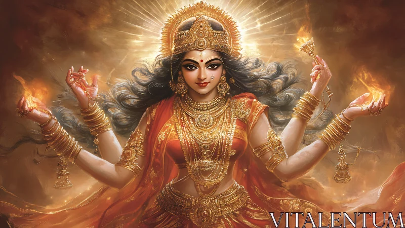 Hindu goddess with fiery aura and flowing golden ornaments.