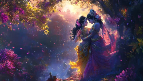 Luminous Lovers Entwined in Blossom-Draped Twilight Magic.