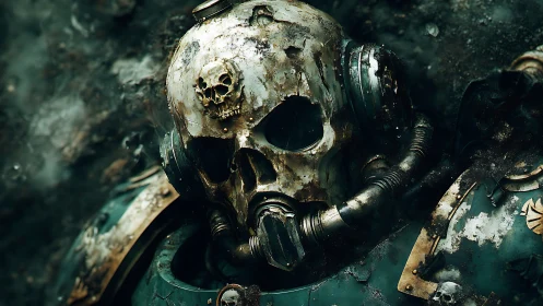 Weathered skull-helmed warrior resting in quiet ruins.