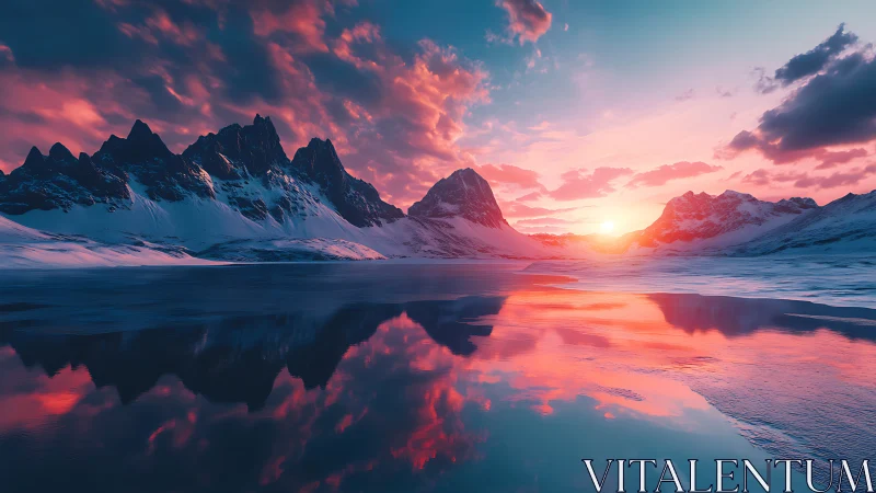 Snowy mountain peaks over frozen lake at vivid sunset.