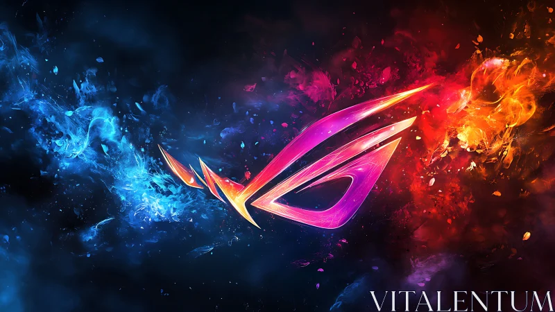 Glowing neon emblem between swirling fire and ice energy.