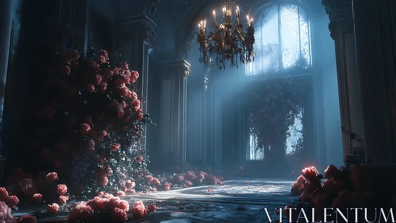 Overgrown rose hall glows under pale cathedral light.