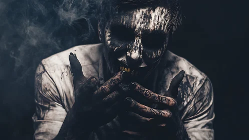 Sinister painted figure leans from the shadows with eerie grin