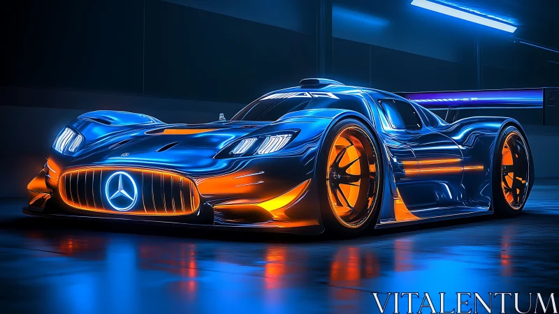 Futuristic Mercedes supercar with neon blue orange glow.