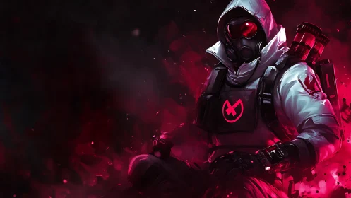 Hazmat rogue lounges in neon crimson chemical storm