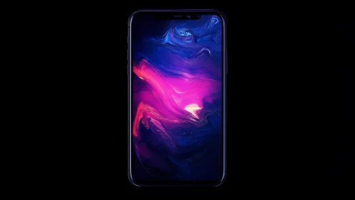 Smartphone displaying abstract neon liquid swirl wallpaper design