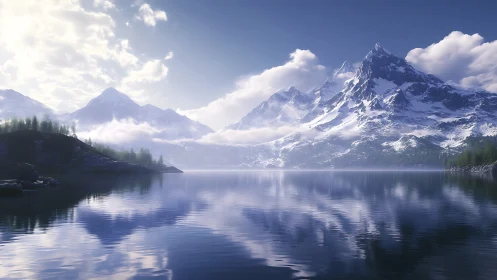 Peaceful snowcapped mountains mirrored in a quiet blue lake.